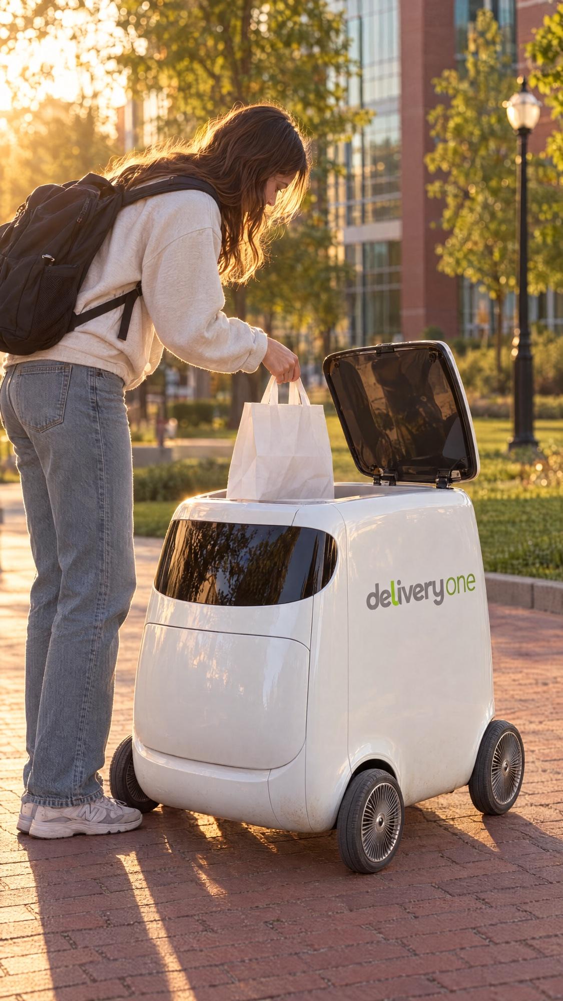 A person opening the lid of a Picksy Street delivery robot and placing a grocery bag inside