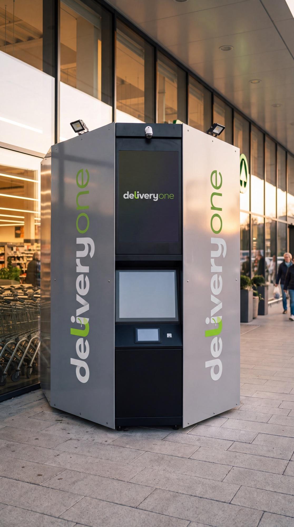 A Picksy Pro robotic delivery station beside the shopping trolleys at a supermarket entrance in the early evening