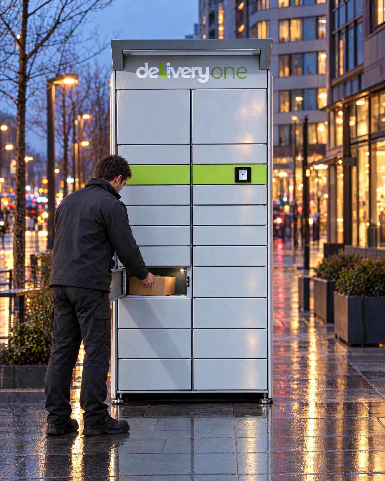A courier placing a parcel into a Picksy Lite smart locker on a rainy city street at dusk